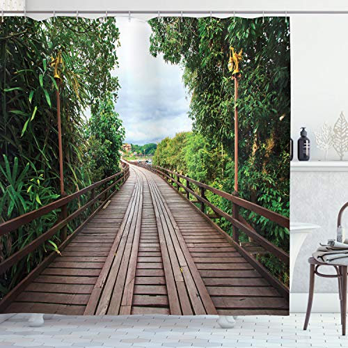 ABAKUHAUS Duschvorhang, Holzbrücke Natur Zwischen Tropischen Bäumen Exotische Wald Weg Jungel Fotographie, Blickdicht aus Stoff mit 12 Ringen Waschbar Langhaltig Hochwertig, 175 X 200 cm, Braun Grün