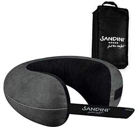 SANDINI TravelFix Slim Size – Premium Reisekissen/Nackenkissen mit ergonomischer Stützfunktion – Gratis Transporttasche mit Befestigungs-Clip - Made in EU