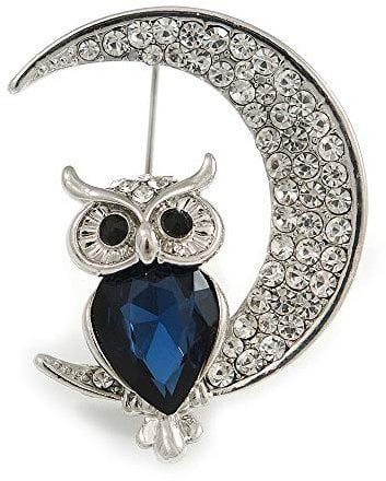 Broche en métal argenté en forme de hibou sur la lune en cristal bleu/transparent – 35 mm de haut, taille unique, Pas de type de métal, Pas de gemme