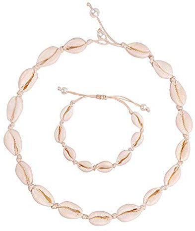 CAREOR Natürliche Shell Choker Halskette Muschel Halskette Einstellbare Puka Shell Halskette Armbänder Set Hawaiian Schmuck für für frauen Männer Mädchen Damen