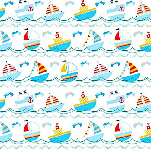 11,99€/m Schiff Boot Pirat 100% Baumwolle Baumwollstoff Kinder Meterware Handwerken Nähen Stoff (Boot Welle, 100x160cm (11,99€/m))