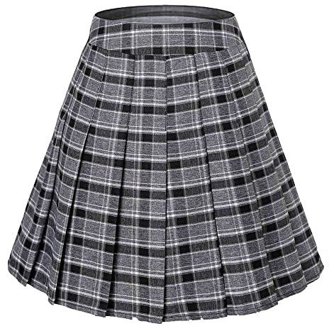 Hoerev Frauen Mädchen Kurze hohe Taille gefaltete Skater Tennis Schule Rock,Schwarz_Grau,36