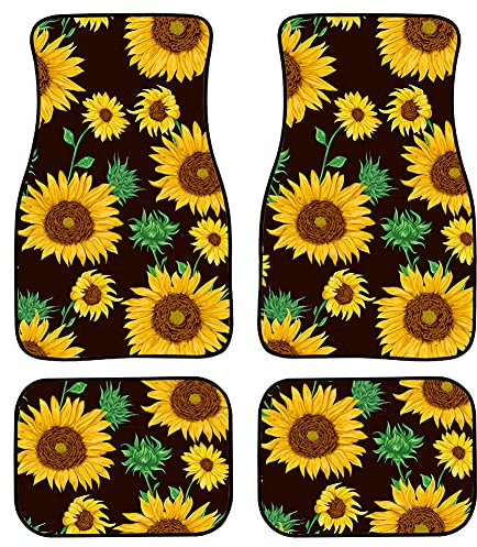 Biyejit Sunflowers Auto-Fußmatten, 4-teiliges Set für Vordersitze und Rücksitze, Plüsch, strapazierfähig, Gummi-Rückseite, universell passend
