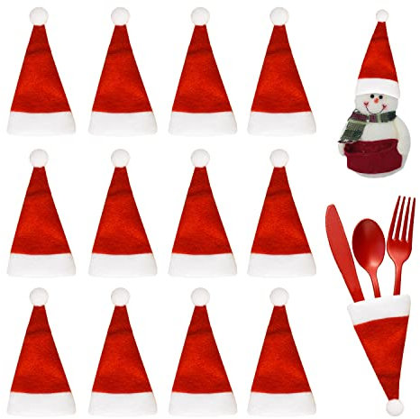 GZGXKJ 42 Pcs Christmas Cutlery Holders Mini Santa Hat Xmas Silverware Holders Festive Table Decorations Wine Bottle Cover DIY for Christmas Tree Dinner Decor