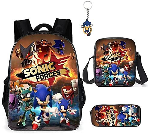 GDFENDU 3 Pcs/Set 16 Inch Anime Hedgehog Blue Backpack for Men Women 3D Printed Cartoon Game Backpack Laptop Backpack Pencil Case (E)