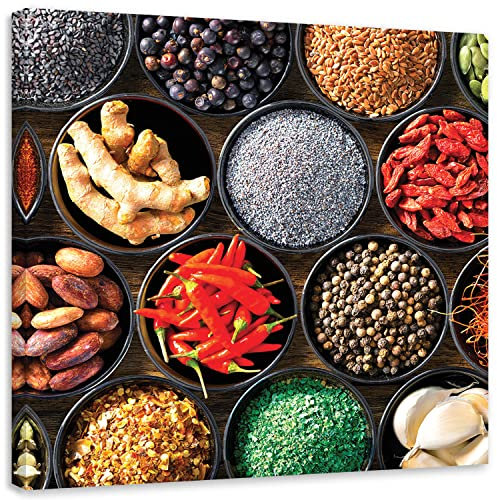 Feeby Bilder Kochen Chilischoten Gewürze 50x50 cm Leinwandbild 1-teilig Design Kunstdruck Zimmerdeko Wohnzimmer Bilderwand Wanddekoration Schüssel Knoblauch Paprika mehrfarbig