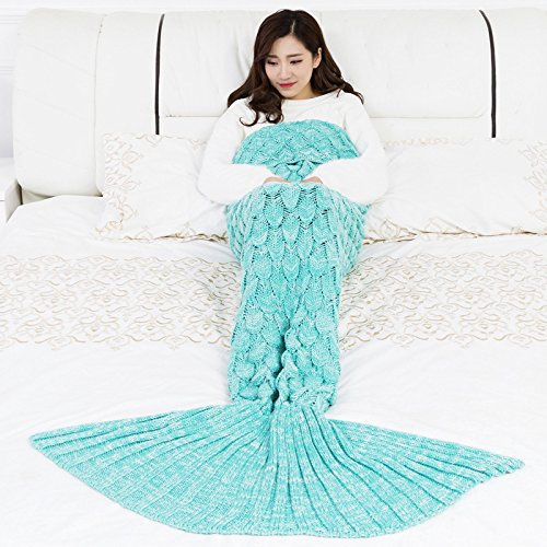 Devola Meerjungfrau Decke Damen mit Stricken Muster Winter warme Handarbeit Meerjungfrau Decke Weiche Schlafsack Tasche Niedlich Meerjungfrau-Geschenk Türkis 195x95cm 1 Stück
