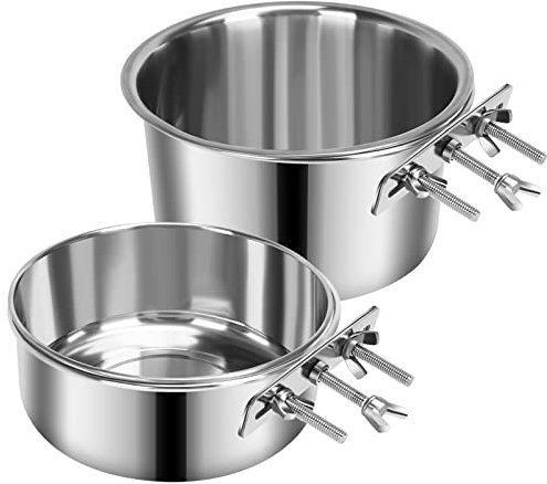 2 Pcs Large Dog Food Water Bowl for Cage with Upgraded Clamp Holder, Pet Kennel Hanging Bowls Stainless Steel Non-Spill Detectable Bowls Crate Feeder Dish for Large Dogs (7x3.7''& 6.3x2.5'')