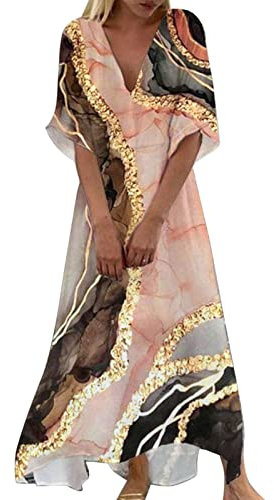 Générique Robe De SoiréE Femme - Robe Longue Chic Et Elegant D'éTé à Fleurs pour Femmes Robe Longue BohèMe Col en V DéContractéE à Manches Mi-Longues Robes Longues Femmes Robe De Cocktail