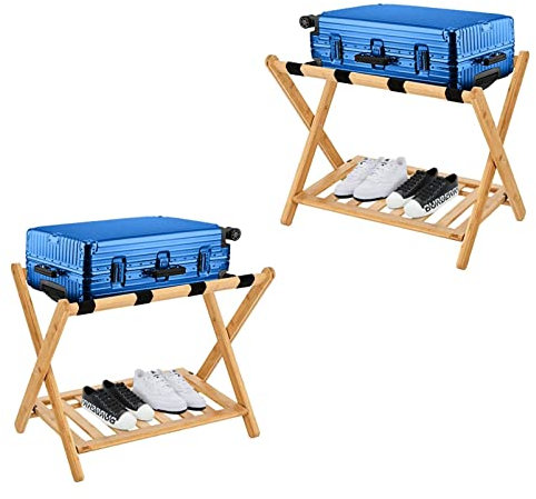 Porte-bagages 2 pièces porte-bagages pliant en bambou support de valise, porte-valise à 2 niveaux, étagère à bagages de chambre à coucher plateau de valise multifonctionnel porte-chaussures,