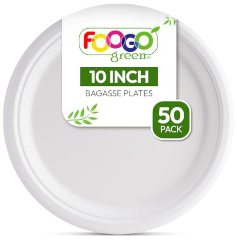 FOOGO Green Einweg-Teller aus Zuckerrohr-Bagasse, Ø 25 cm, 50 Stück, umweltfreundlich, biologisch abbaubar, kompostierbar, für Picknick und Party, große runde, stabile Pappteller