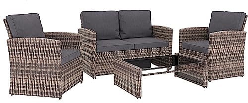 Set Di Mobili 4 Posti, Salottino Da Giardino in Rattan con Tavolino Ripiano In Vetro, Divano 2 Posti, E 2 Poltrone, Per Esterno Terrazzo, Piscina, Marrone Chiaro