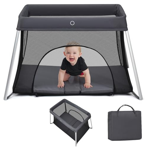 DREAMADE Reisebett Baby, Klappbares Babybett mit Matratze & Tragetasche, Kinderreisebett Baby 1-3 Jahren bis 15kg, 100 x 60cm Laufgitter mit Atmungsaktivem Netz (Dunkelgrau)