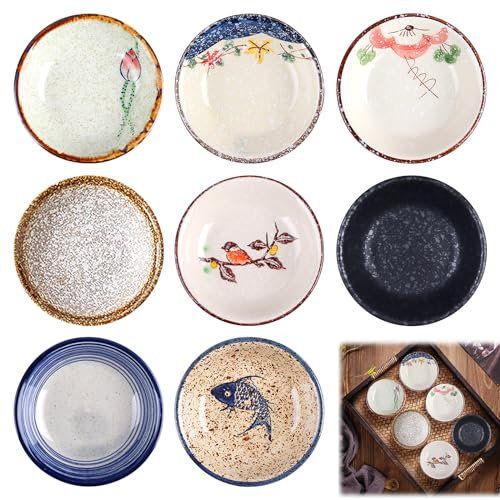 Juego de 8 Cuencos de Cerámica para Salsa de Soja, Tapas, Sushi Vintage, Especias y Aperitivos - Diámetro 10 cm