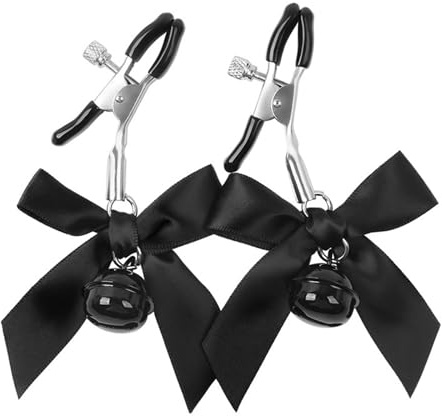 Bow Nipple Clamps Clips,Non Piercing Nipple Rings,Adjustable Nipple Clamps,Nipple Clips Clamps with Bowknot Bells,Stimulation Toys for Sex Pleasure (1 Pair), Black
