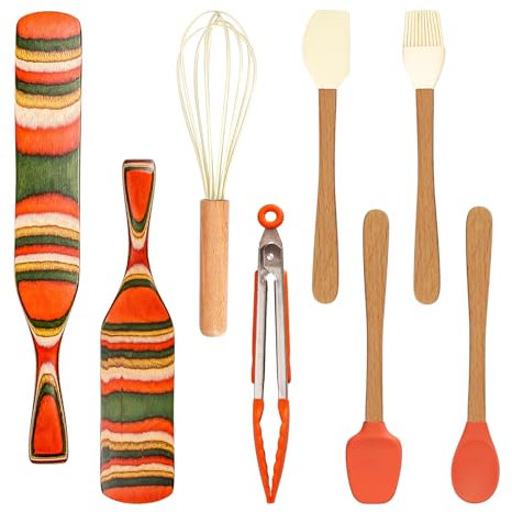 8PCS Spatula Kitchen Utensil Set,Pakkawood Spatula Set,Wooden Handle Silicone Cooking Utensils Tools,with Whisk,Brush,Tongs, Spoon Spatula,Silicone Spoon,for Nonstick Heat Resistant Cookware
