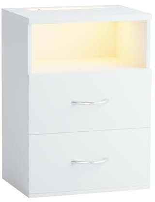 Casaria® Nachttisch Touch LED Beleuchtung 40x28x55cm Dimmbar Holz 2 Schubladen Boxspringbett Schlafzimmer Wohnzimmer Beistelltisch Nachtschrank Weiß