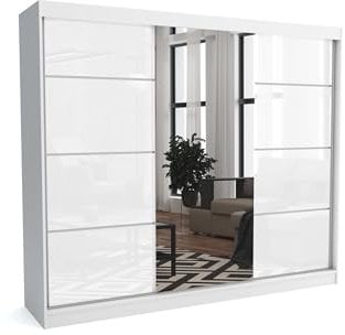 Brent - Kleiderschrank mit Spiegel Suzan, 250cm Breit, Schlafzimmerschrank mit 1 Kleiderstange und Einlegeböden für Kleidung, Kleiderschrank Weiß Matt/Weiß Hochglanz