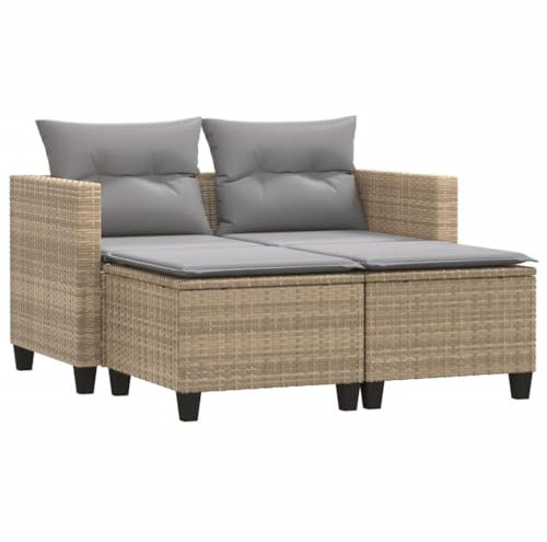 vidaXL Gartensofa 2-Sitzer mit Hockern, Outdoor Sofa Gartenmöbel, Garten Lounge Set Terrasse, Terrassenmöbel Zweisitzer, Beige Poly Rattan