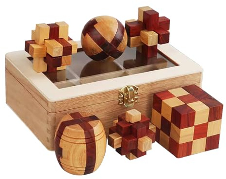 RoseFlower 6 Stück Knobelspiele Holz, Geschicklichkeitsspiel Holz mit Hochwertige Holzkiste, Spielesammlung 3D Puzzle - Denkspiele - Knobelspiele - Geduldspiele - Puzzleboxen für Erwachsene & Kinder