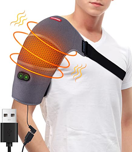 Comfheat Envoltura de hombro calentada por USB con masaje de vibración para manguito rotador, soporte de hombro, alivio muscular del brazo, almohadilla térmica de hombro, masajeador de temperatura