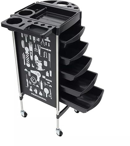 Salon Store Hair Trolley Service Trolley Multifunktionale Work Trolley Portability Salon Spa Rolling Service Tray Tattoo Metall Friseur Trolley Profi Friseurwagen mit 5 Schubladen und 4 Rädern,Schwarz