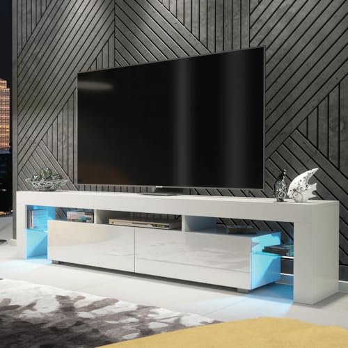 Creative Furniture TV Unit 200cm White Modern Stand Gloss Doors + LED