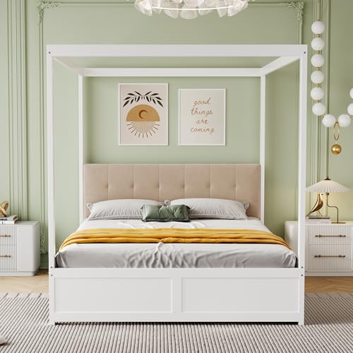 BNUZ Himmelbett,mit großen Schubladen und weicher Rückenlehne, Holz Bett.weiß,140x200cm