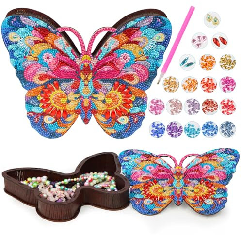 Diamond painting schmuckkästchen Bastelset, Diamond Schmuckkästchen Basteln für Mädchen, hölzernes Schmetterlings-Diamantmalerei-Bastelset für weibliche Bastelliebhaber, Geburtstagsgeschenk für 8–12