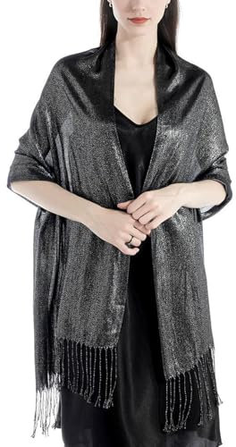 Atxnn Damen Schal Elegante Glitzer Stola mit Quasten Halstuch für Abendkleid Hochzeit Braut Party Tücher Schultertuch Sommer Frühling Herbst Scarf, SCHWARZ