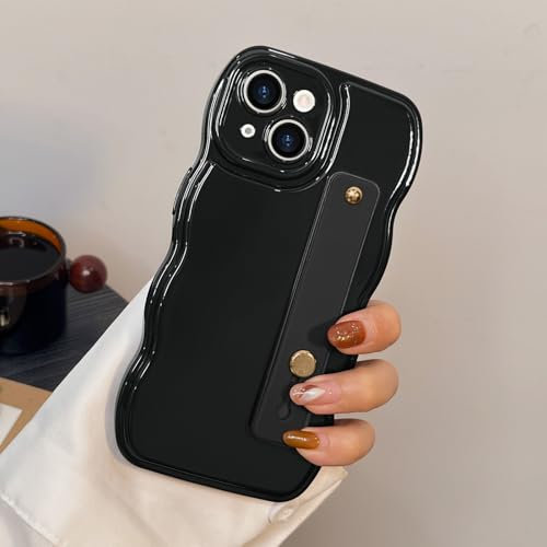 LAPOPNUT for iPhone 14 Case With Wrist Strap,Adjustable Wristband Finger Holder Kickstand Phone Case for Women Girls,Cute Curly Wave Frame Shape TPU Cover for iPhone 14 6.1,Black