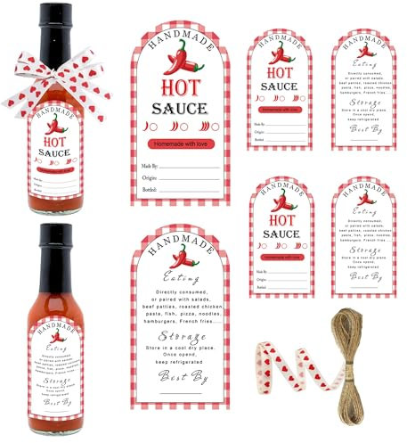 Lot de 120 étiquettes autocollantes pour sauce piquante faite maison – 7,6 x 5,1 cm – Étiquettes pour bouteilles de sauce piquante avec corde en ruban pour cadeaux de festival et fournitures de fête