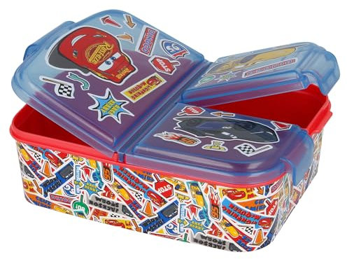 KP Pharma Disney Cars Lightning McQueen - Lonchera con múltiples compartimentos para niños, duradera, sin BPA, con 3 compartimentos y tapa segura, perfecta para la escuela, picnics o aperitivos sobre