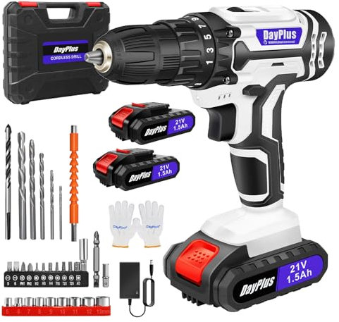 Cordless Drill Driver 21V, Battery Power Drill, 45N.m Battery Drill, 25+1 Torque Set, 2-Speed, LED Light, 2 Batteries, 29PCS Electric Drill Set for Home and Garden DIY Project