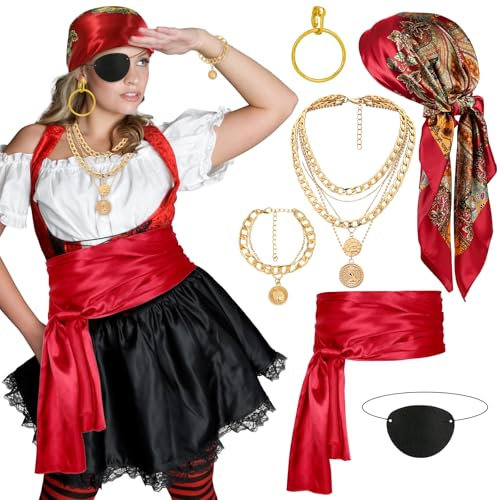 Applysu Piratenkostüm-Zubehör für Damen und Herren, Piraten-Zubehör-Set mit Bandana, Halskette, Ohrringen, Gürtel, Augenklappe, Armband, 6-teiliges Set