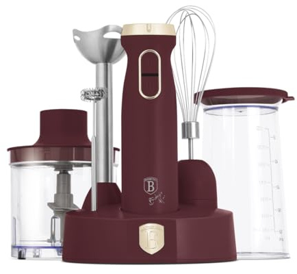 Berlinger Haus Stabmixer, 6-in-1, 800 W, variable Geschwindigkeitskontrolle, Titanmesser, inklusive Zubehör (Messbecher, Zerkleinerer, Aufschäumer, Schneebesen), Bordeauxrot matt