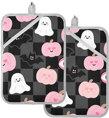 Pot Holder Sets for Kitchen Heat Resistant Pink Halloween Pumpkin Potholders with Pockets Hot Pan Holder Oven Pad 2 Pack
