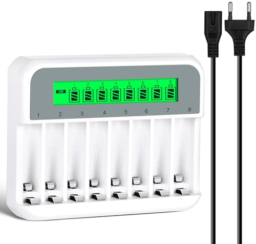 AXFEE Caricabatterie per Pile Ricaricabili, AA AAA 8 Slot Batterie Caricabatteria, Schermo LCD può visualizzare la capacità, adatto per batteria al litio da batteria Ni-Mh/Ni-Cd1,2 V