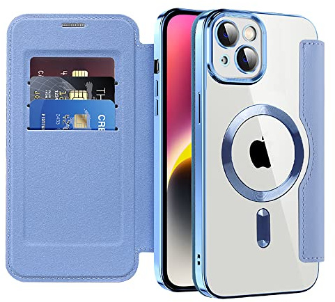 SIYOPINPFY Wallet Case for iPhone 14 Plus with Card Holder, Peaks Blue JD | [Compatible with MagSafe] [RFID Blocking] Premium Flip Leather Card Slots Holder , Magnetic Clear Back Shockproof Phone Case