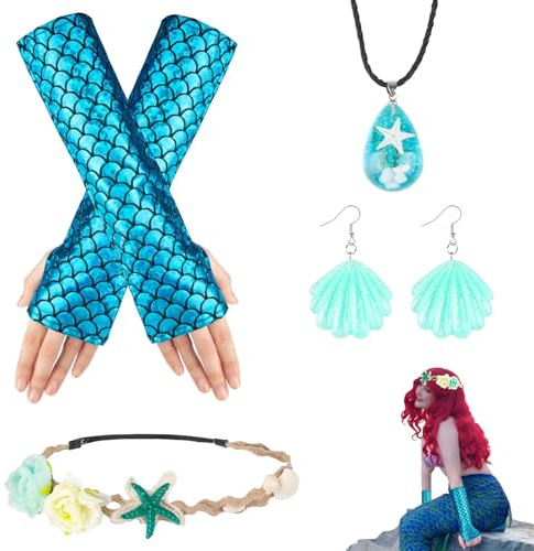 SCDZY 4 Stück Meerjungfrau Kostüm Damen Set, Mädchen Unterwasserwelt Kostüm mit Meerjungfrauen Handschuhe Haarreif Seestern Ohrringe, Meerjungfrau Accessoires Damen für Fasching Karneval Mottoparty