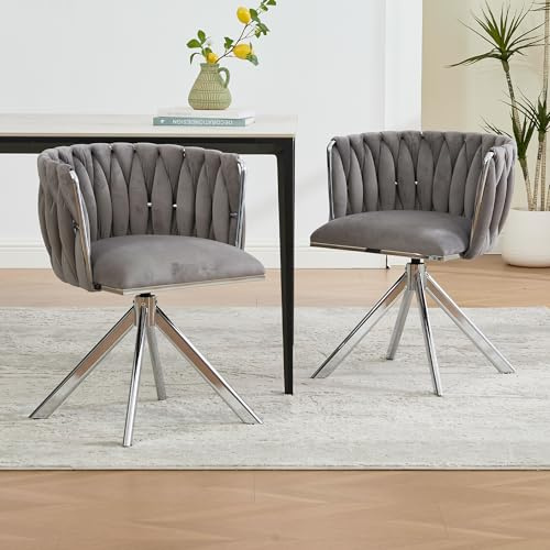 A ALFRESCOOL Esszimmerstühle 2er Set, Esstisch Stühle, Küchenstuhl, Sessel mit Velvet-Schwerlastmetallgestell, 180°-Schwenkfunktion, für Esszimmer, Wohnzimmer, Büro, 56×50×70cm (Grau+Silber)
