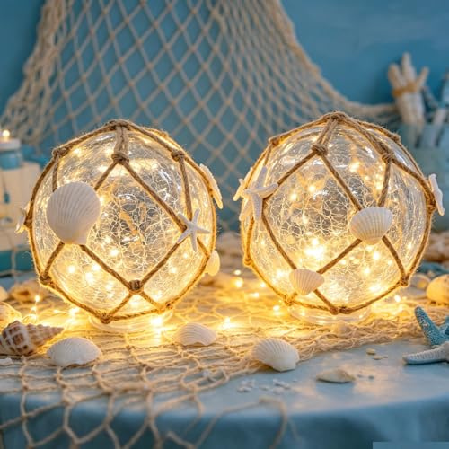 Tujoe 2 Stück Glas-Angelschwimmer, nautische Lampe, Küstenstranddekoration, Seesternmuschel, rissige Glaskugel, Nachtlicht, nautische LED-beleuchtete Boje für Küstenstranddekoration
