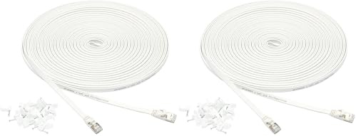 Amazon Basics Flat Cat 7 Ethernet Cable - 15.2 m, 600MHz, Shielded, Snagless, with Nails for Easy Installation, White (Pack of 2)