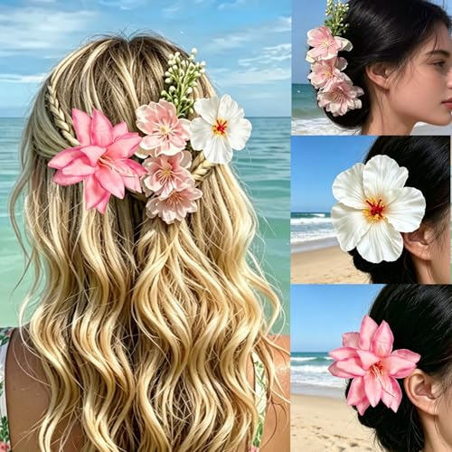 3 Stück Sommer Hawaii Haarspangen Set für Frauen Blumen Haarkamm Haarklammern Blüten Haarspange Plumeria Hibiskus Haarclip Haarschmuck Urlaub und Strand Party Haaraccessoires Hochzeit Alltag Rosa Weiß