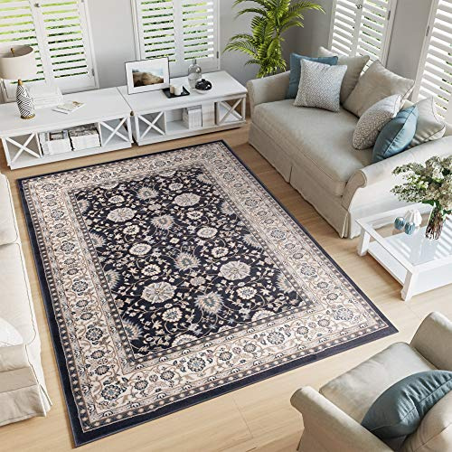 TAPISO Colorado Teppich Kurzflor Schwarz Creme Beige Floral 120 x 170 cm | strapzierfähiger Teppich Wohnzimmer Klassisch Orientalisch Ornament Muster Orientteppich OEKO-TEX
