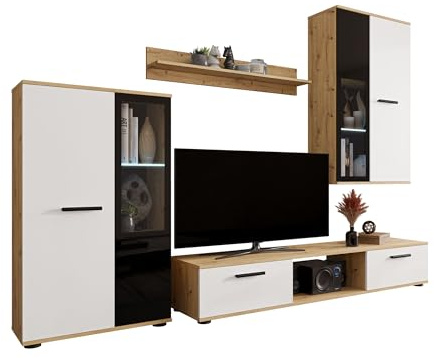 Mirjan24 Wohnwand Salsa, 4-teilig, Blauer LED (Eiche Artisan/Weiß) | Anbauwand mit Stand- und Hängevitrine, TV-Lowboard, Wandregal, 2 Glasböden und teilverglasten Fronten