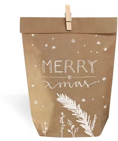 Eine der Guten Weihnachtstüten, Geschenktüten Set - merry xmas, mit 24 gestempelten Kraftpapiertüten & Mini-Holzklämmerchen, Geschenkverpackung für Weihnachtsgeschenke, 14 x 22 cm