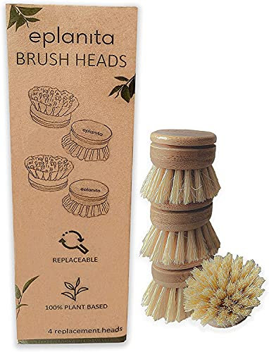 EPLANITA Cabezas de Cepillo de Repuesto (Paquete de 4) para Cepillo de bambú para Platos, recargas de cerdas de sisal, Fibras de Cactus de Agave, fregadora de Cocina sostenible, Lavado sin plástico