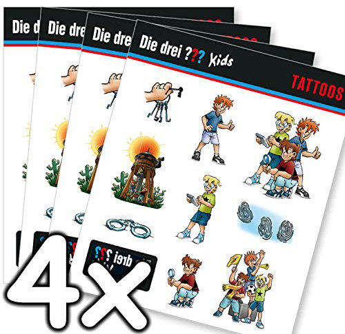 Mega-Tattoo-Set * DIE DREI ??? KIDS * als Mitgebsel, Geschenk oder zum Spielen | 4 Bögen mit 36 Tattoos | Detektiv Aufkleber Bilder Sticker Kinder Kindergeburtstag Geburtstag