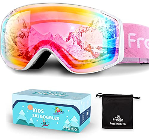 Freela Ski Goggles Snowboard Snow Skiing Snowboarding Equipment Winter Snow Sport Glasses Goggles Anti-fog UV Protection Mirror Clear Goggles for Toddler Kids Girl Boy Youth Snowmobile Snowboard Gear